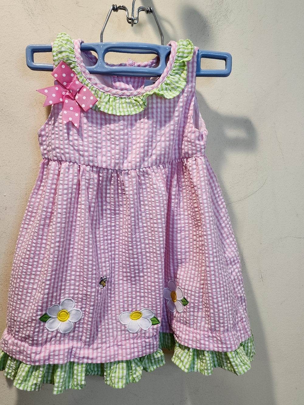 RARE EDITIONS Pink Seersucker Floral Trim Girls' Dress Sz 24m